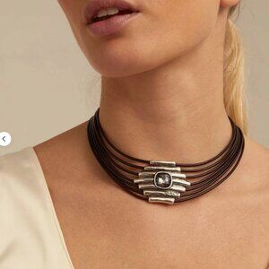 Uno de 50 Fearless Attached Crystal Choker Necklace Silver Multi Strand leather